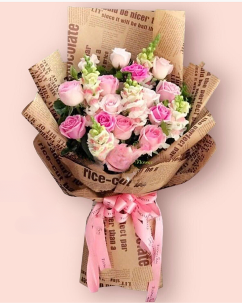 Hoa Bó Dài: Thương Lắm - HBD187 - Hoa Hồng 20/10 - Hoa Hồng Dâu và Hoa Mõm Sói Hồng