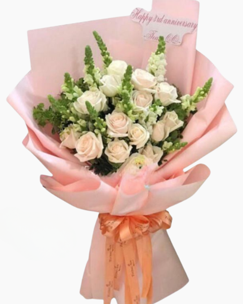 Hoa Bó Dài: Hồng Tươi - HBD145 - Hoa Hồng 20/10 - Hoa Hồng Pastel và Hoa Mõm Sói
