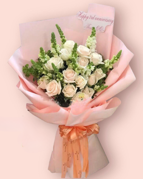 Hoa Bó Dài: Hồng Tươi - HBD145 - Hoa Hồng 20/10 - Hoa Hồng Pastel và Hoa Mõm Sói