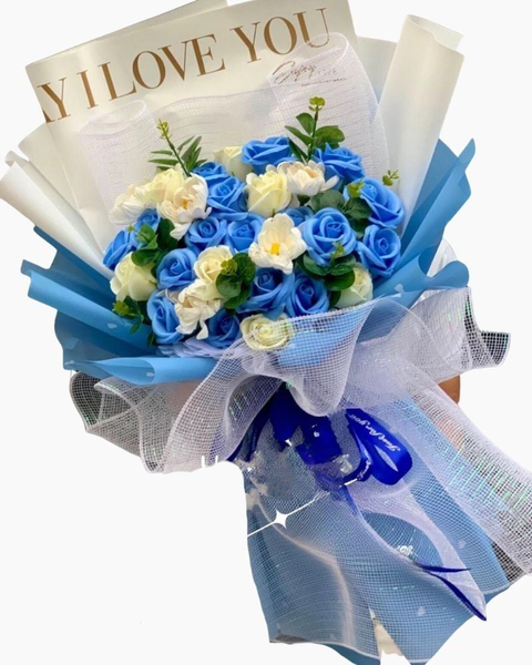Hoa Sáp: Blue and White Bouquet - HST07 - Hoa Hồng Sáp Thơm Đẹp