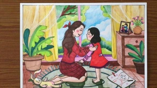Bức tranh vẽ thể hiện tình cảm của 2 mẹ con.