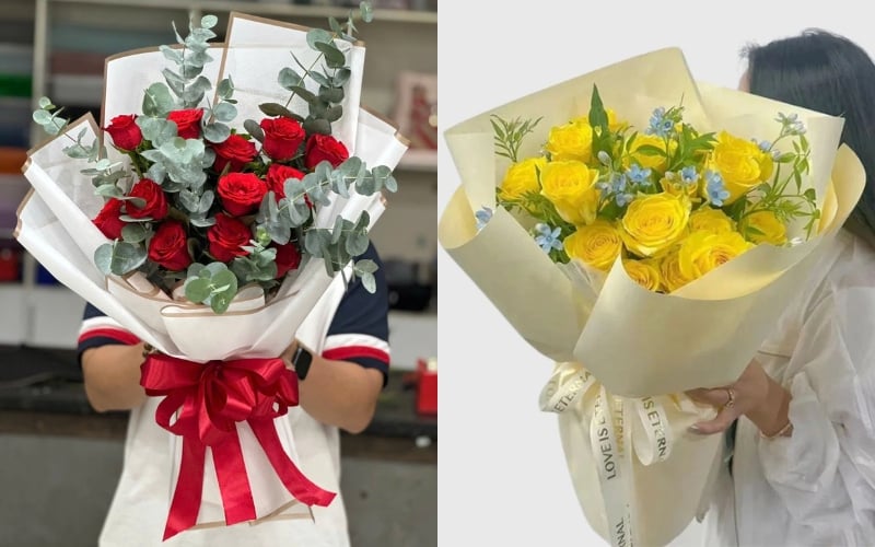 Bó Hoa Hồng Đỏ Tình Đắm Say - HBD210 và Bó hoa hồng vàng - Sunshine Bliss -HBD272