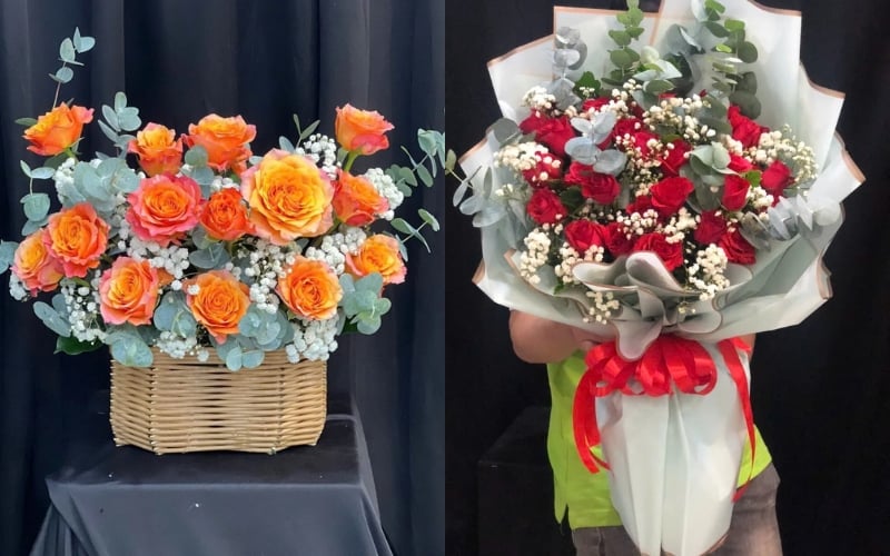 Giỏ Hoa Hồng Cam Tặng Khai Trương - HG60 và Bó Hoa Hồng Đỏ Chân Thành - HBD142