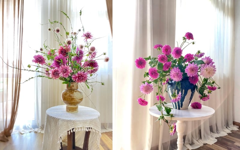 Mẫu cắm hoa thược dược trong bình tròn
