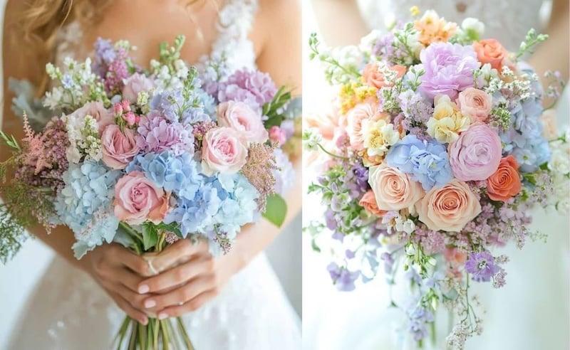 Váy cưới đơn giản phù hợp với bó hoa cưới cầm tay lớn