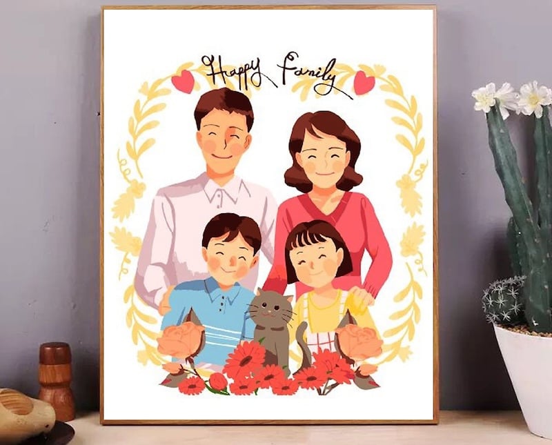 Bức tranh gia đình vẽ theo phong cách chibi